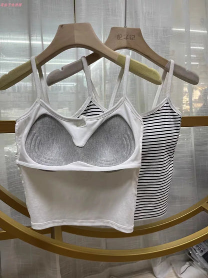 White Stripe Small Cami Women Autumn Gyaru Sexy Button Slim fit Short With Chest Pad Top NS5861