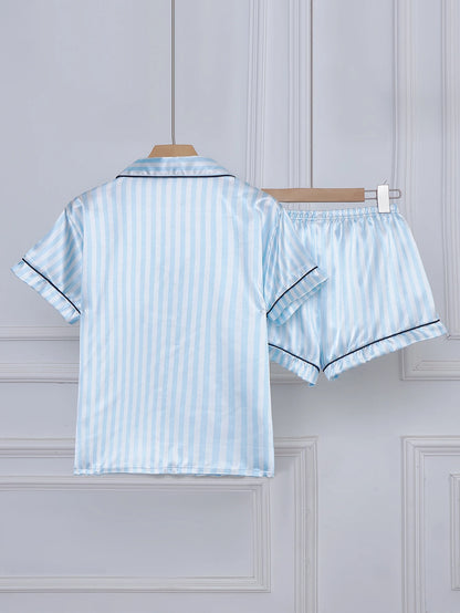 Striped Embroidered Letter Pocket Short Sleeve and Shorts Pajama Set, Casual Satin Sleepwear with Lapel Collar and Button Detail