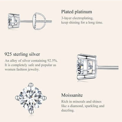 Bamoer 0.5-1ct Moissanite Screw Back Earrings for Women, D Color VVS1 Clarity Lab Created Diamond Earring White Gold Earrings