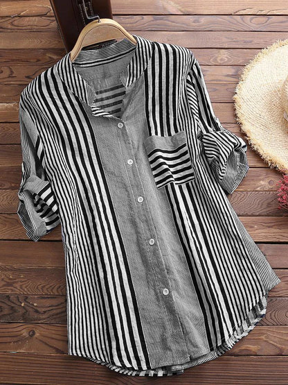 Women's Spring Fall Cotton Linen Long Sleeves Roll Up Striped Casual V Neck Button Down Shirts Blouses Collar Tunic Tops