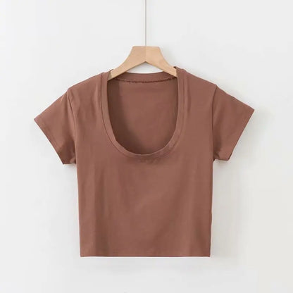 U-Neck Crop Top Solid Color Women Casual High Waist T Shirt Basic Sexy Streetwear Short Sleeve Slimming Tops