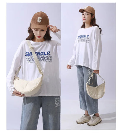Solid Color Women's Portable Shoulder Bag Simple Female Nylon Cloth Padded Crossbody Bags Travel Purse Handbags Messenger Bag