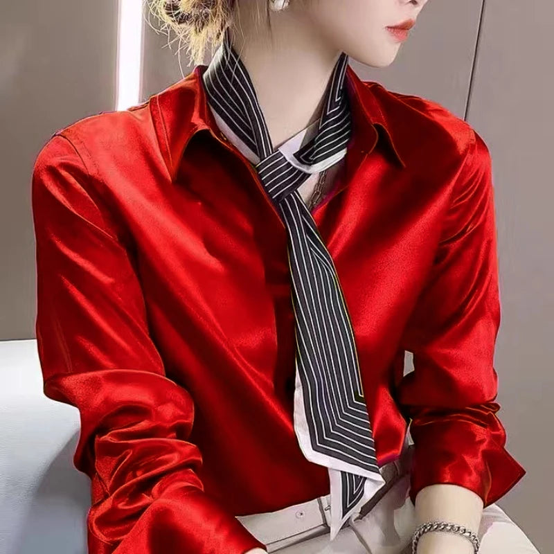 Solid Color Elegant Office Lady's Satin Shirt All-Match Trendy Women Shirts And Blouses Basic Chic Top Autumn French Chic Shirt