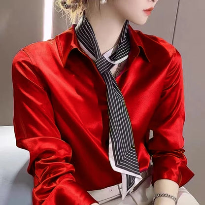 Solid Color Elegant Office Lady's Satin Shirt All-Match Trendy Women Shirts And Blouses Basic Chic Top Autumn French Chic Shirt