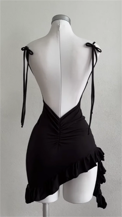 Sleeveless Backless Ruffles Mini Dress Women Summer Y2K Lace Up Black Bodycon Dresses Party Club Streetwear 2025 New Sundress