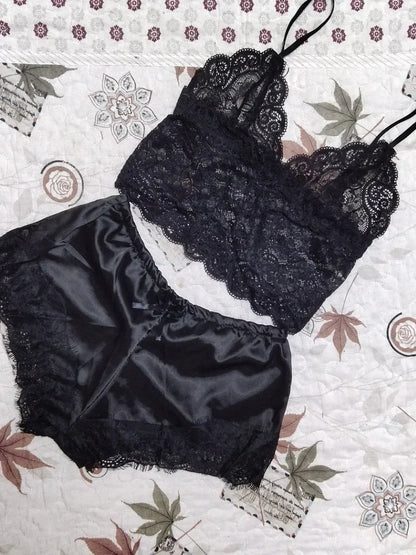 2 Pieces Pajamas Set for Women Sleepwear Sexy Lingerie Lace Silk Crop Tops and Shorts Sets Casual Nightwear Pijamas