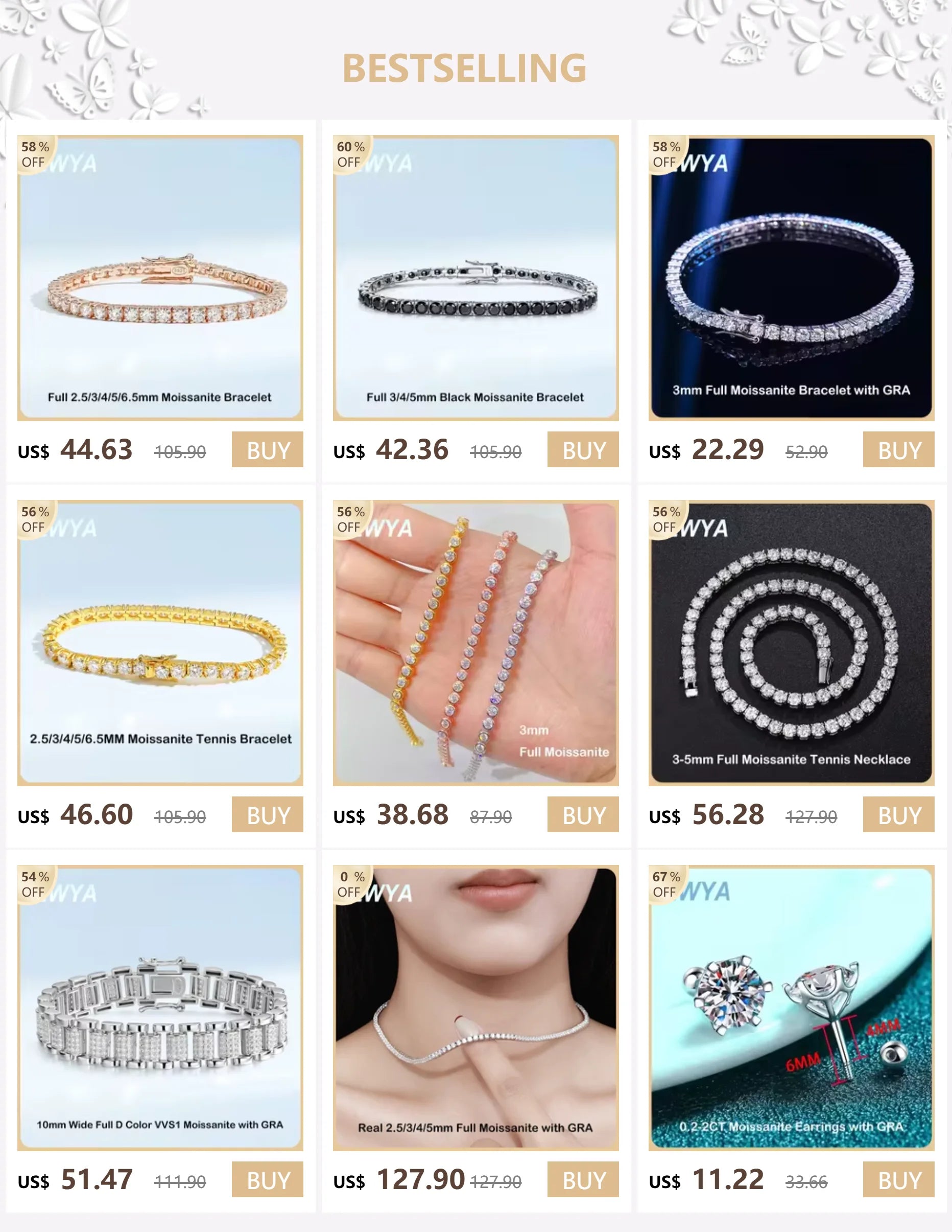 EWYA 925 Sterling Silver Moissanite Bracelet 0.1ct 3mm D VVS1 Diamond with GRA for Women Sparkling Wedding Party Fine Jewelry