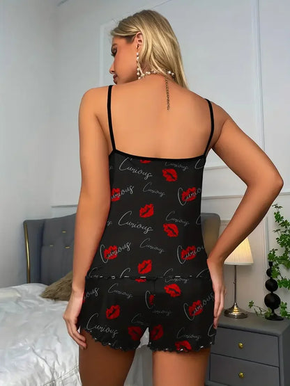 Summer Red Lip Print Pajama Set For Women Sleepwear Scoop Neck Cami Top & Elastic Waistband Shorts Sets Loungewear