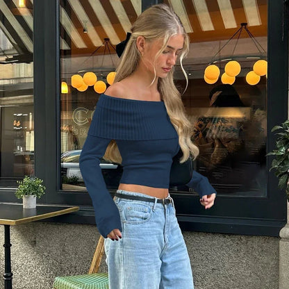 WhereMery Elegant Off Shoulder Ribbed Crop Tops Summer Fashion Casual Solid Skinny Long Sleeve Women's Gentle Y2K Tight T-shirts