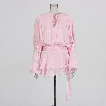 GALCAUR Solid Loose Splicd Lace Up Dresses For Women V Neck Long Sleeves Patchwork Ruffles Tunic Dreses Female Fashio New