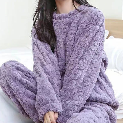 Autumn Women Solid Warm 1/2 Piece Sets Thicken Velvet Ribbed Fleece Set Pullover And Pants Women Casual Pajama Sets 2025