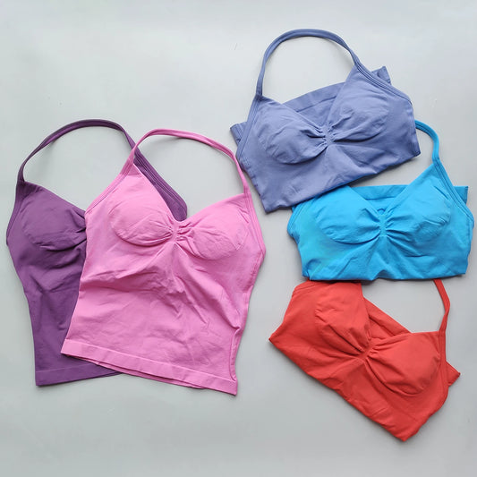 ARFTE Longline Strappy Gym Top Backless Gym Clothes Women Scrunch Built-in Bra With Removable Cups Yoga Tank Tops