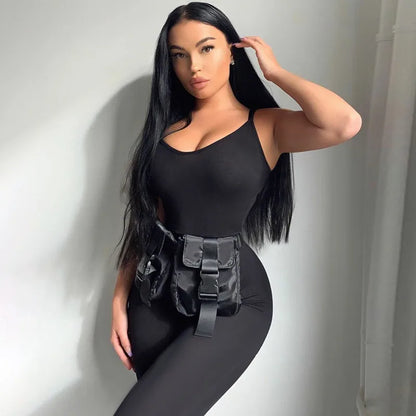 Summer Black Jumpsuits For Women Sleeveless Solid Bodycon Sexy Backless Rompers Fashion Streetwear Casual Sporty Skinny Overall