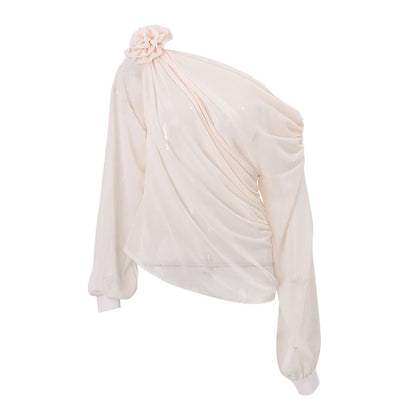 WhereMery Sexy Irregular Oblique-neck Flower Applique T Shirt Summer Off Shoulder Fashion Long Sleeve Crop Tops Street Mesh Tees