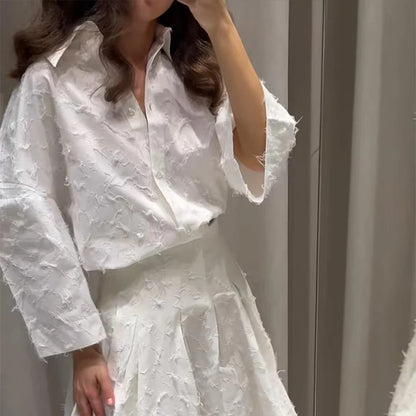 Elegant Shirt Skirt Set Women Lapel Long Sleeve Loose T-shirt High Waist Pleated Long Skirts Suits 2025 Summer Street Lady Sets