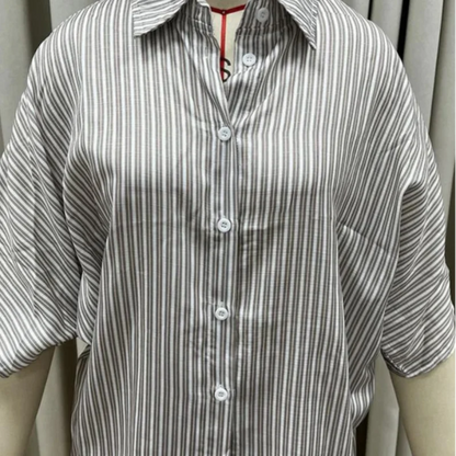 Women Elegant Stripes Cotton Linen Loose Shirt Shorts Suits Fashion Lapel Half Sleeves Elastic Waisted Shorts Summer Lady Outfit