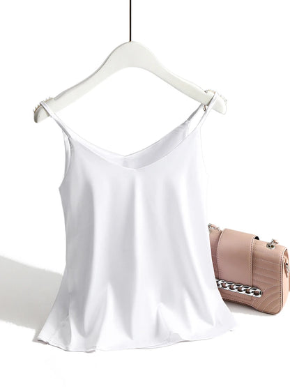 AOSSVIAO 2025 Spaghetti Strap Top Women Halter V Neck Basic White Cami Sleeveless Satin Silk Tank Tops Women'S Summer Camisole