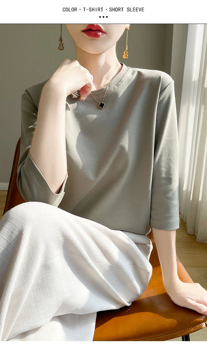 Spring And Summer New White Mercerized Cotton Short Sleeve T-Shirt Feminine Joker Cotton Cropped Sleeve Bottoming Shirt
