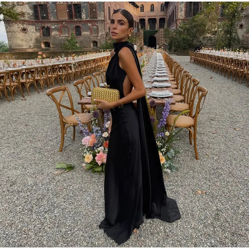 Elegant Solid Ribbon Women Halter Dress Off Shoulder Sleeveless Backless Slim Female Maxi Dresses 2025 Summer New Chic Lady Robe