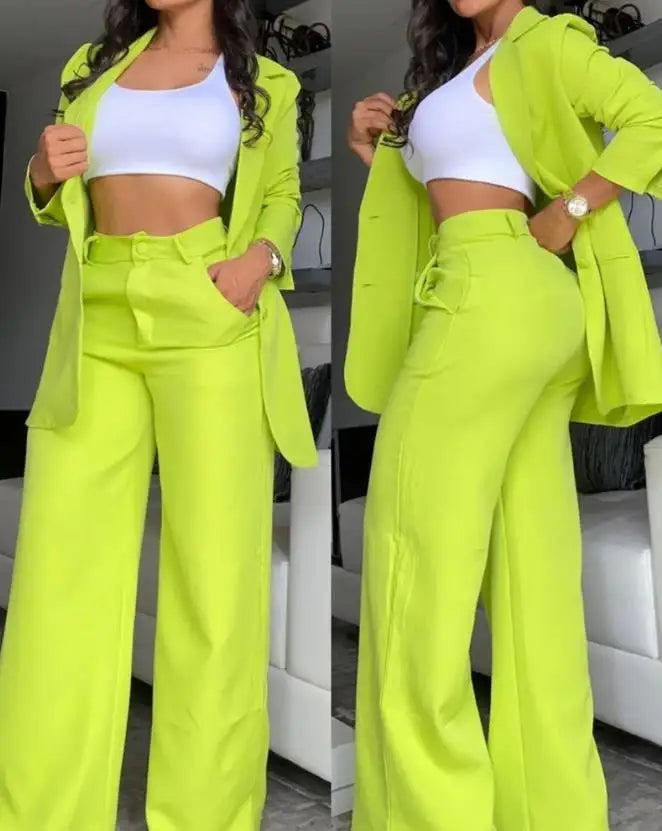 Women's Urban Suits 2025 Spring/Summer Latest Elegant Notched Collar Blazer Long sleeved Coat&Pocket Design Button Pants Set