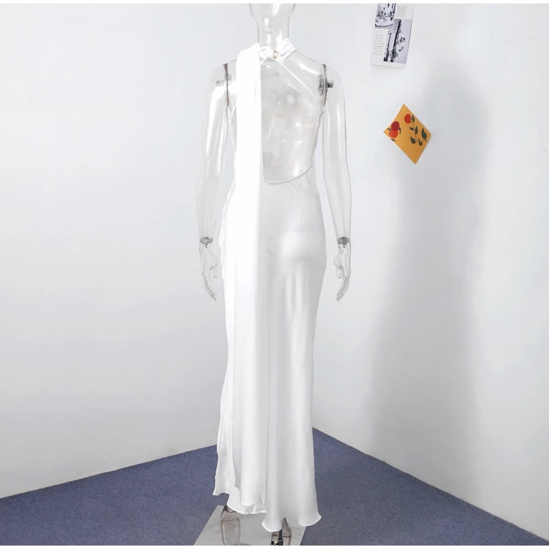 Elegant Solid Ribbon Women Halter Dress Off Shoulder Sleeveless Backless Slim Female Maxi Dresses 2025 Summer New Chic Lady Robe