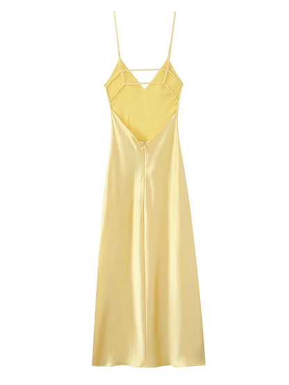 Yellow Elegant Stain Women's Sling Dress Sexy Backless Sleeveless V Neck High Waist Evening Gown Summer Chic Lady Partywear 2025