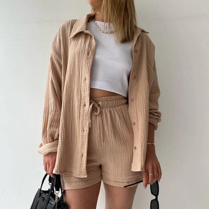 Solid Color Casual Loose Short Pants Sets For Women 2025 Elegant Summer Women's Two Pieces Suit Full Set Female Outfit Clothes