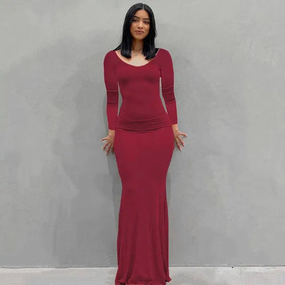 2025 Autumn Long Sleeve Dresses For Women Sexy V Neck Bodycon Solid Elegant Long Dress Y2k Skinny Trumpet Maxi Vestidos