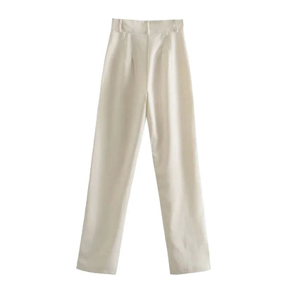 TRZA Women Chic Fashion Office Wear Straight Pants Vintage High Waist Zipper Fly Female Trousers Mujer
