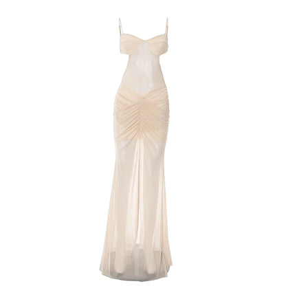 Sexy Off Shoulder Mesh See Through Maxi Dress Women Backless Ruched Elegant Gown 2025 Summer Night Prom Birthday Outfits