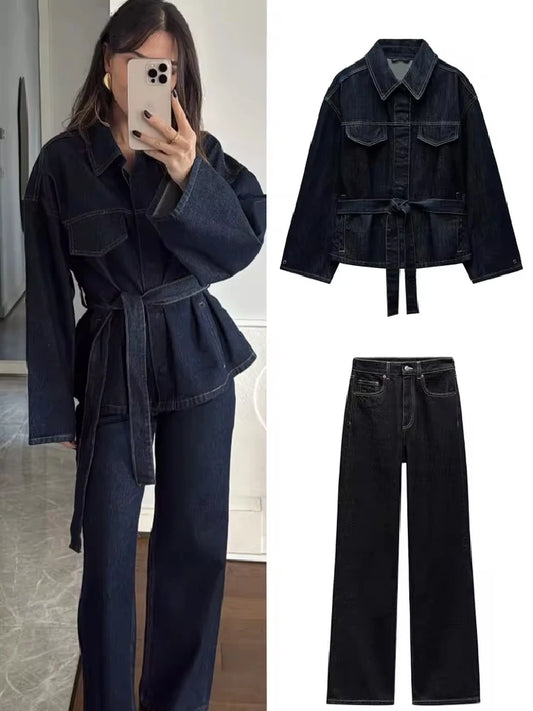 Women Two Pieces Set Denim Pant Sets Single Breasted Long Sleeve Belt Coat Wide Leg Trousers Jeans Female 2 Pieces Outfits