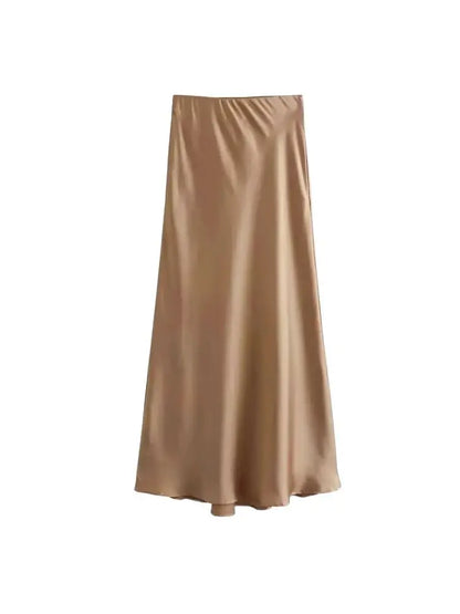TRZA Women's Soft Touch Silk-Like Midi Skirt High Waist Elastic Waistband Chic Fashion Female Skirts Elegant Mujer