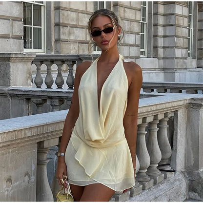 Fashion Solid Women 2 Piece Set Casual Flare Sleeve Lotus Leaf Edge Lace Up Mesh Sheer Shorts Suit 2025 New Lady Commute Outfit