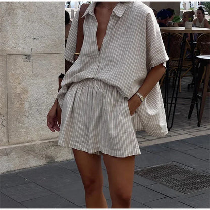 Women Fashion Stripe Print Lace-up Shorts Set Oversized Lapel Short Sleeve Single Breasted Shirts Suit Lady Casual Street Outfit