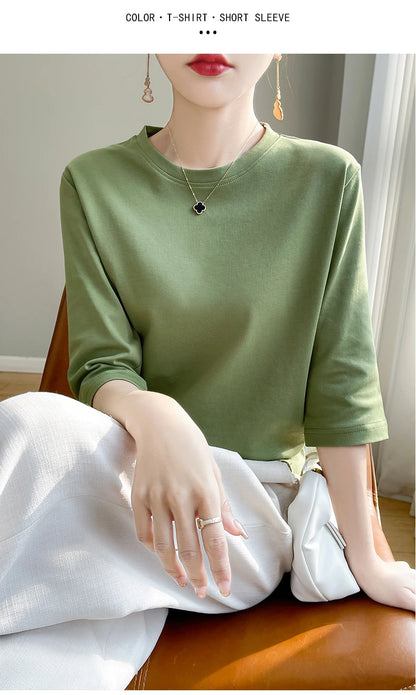 Spring And Summer New White Mercerized Cotton Short Sleeve T-Shirt Feminine Joker Cotton Cropped Sleeve Bottoming Shirt