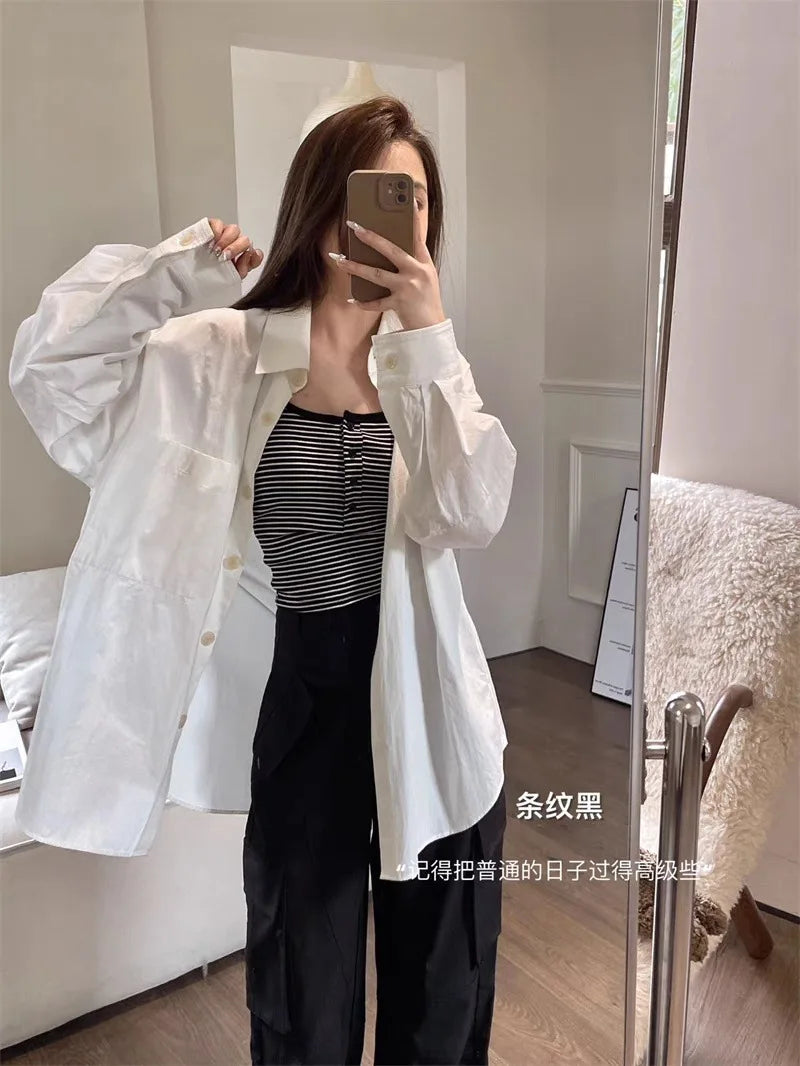 White Stripe Small Cami Women Autumn Gyaru Sexy Button Slim fit Short With Chest Pad Top NS5861