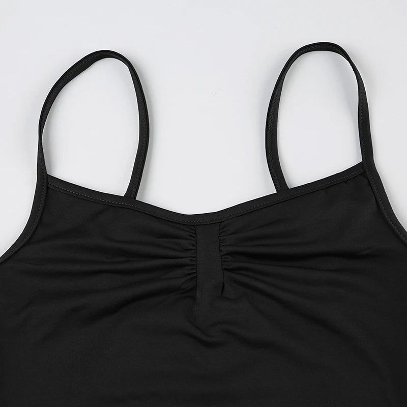 Sweetown Sleeveless Skinny Shirring Skinny Sexy Spaghetti Strap Bodysuit For Women Black Solid Simple Basic Vacation Camisole
