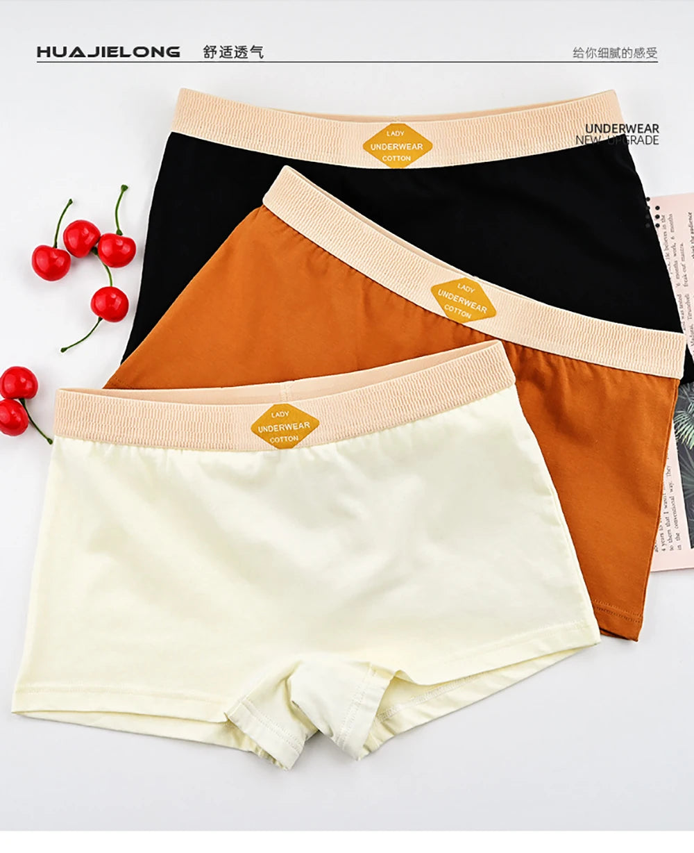 3PCS/Pack 100% Cotton Multicolor Solid Women's Boxer Knit Breathable Panties Underwear Soft High Elastic Mid-rise Thin Boyshorts