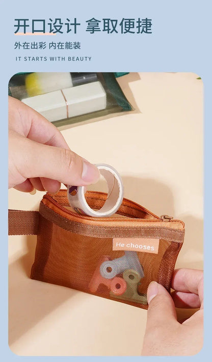 Small Square Solid Color Coin Bag Nylon Mesh Lipstick Key Earphone Organizer Holder Bus Bank ID Credit Cards Pouch Case Storage