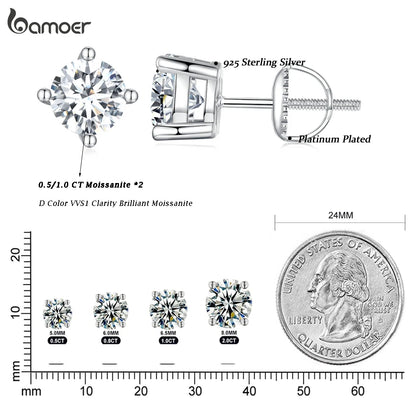Bamoer 0.5-1ct Moissanite Screw Back Earrings for Women, D Color VVS1 Clarity Lab Created Diamond Earring White Gold Earrings