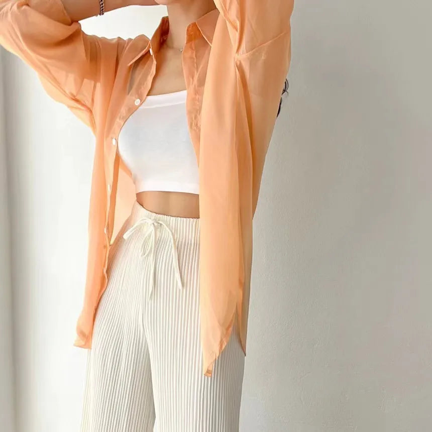 8 Colors Shirts Women Sheer Thin Chic Summer Simple Solid Sun-proof Temper Fashion Baggy All-match Basic Korean Style Clothes