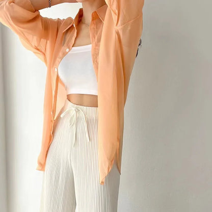 8 Colors Shirts Women Sheer Thin Chic Summer Simple Solid Sun-proof Temper Fashion Baggy All-match Basic Korean Style Clothes
