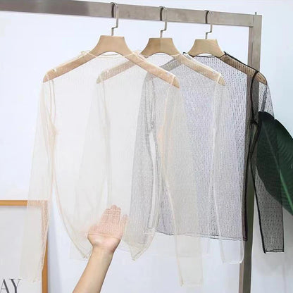 Sexy Women Mesh T-Shirts See-Through Perspective Tshirt  Sunscreen Tops Long Sleeve Bottoming Shirts Club Party Black Tee Shirts