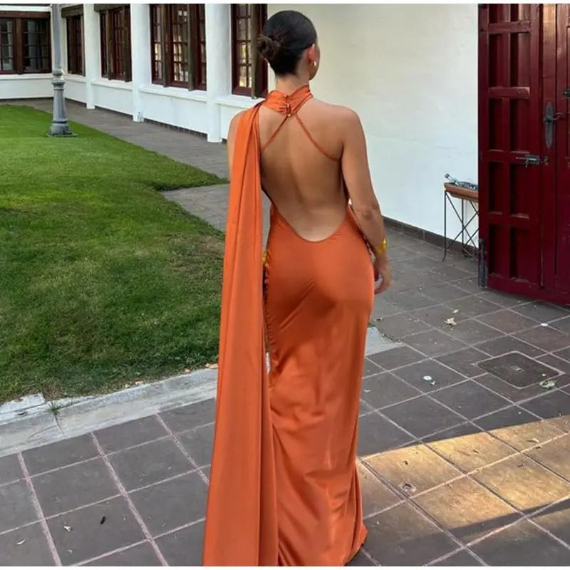 Elegant Solid Ribbon Women Halter Dress Off Shoulder Sleeveless Backless Slim Female Maxi Dresses 2025 Summer New Chic Lady Robe