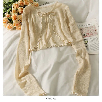 Women Frenum Cardigan Blouses and Tops Bow Lace Up Long Sleeve Crop Top Female Elegant Shirt Thin Aesthetic Clothes Korean Style
