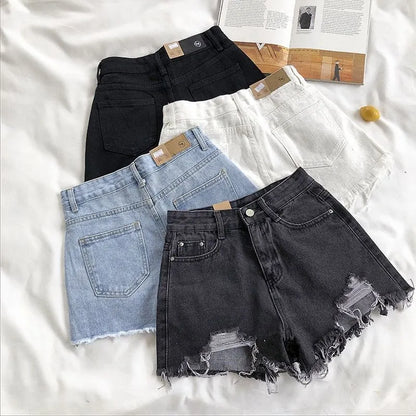 Y2K Vintage Tassel Denim Shorts Fashion Women High Waist Ripped Pocket Korean Jeans Casual Streetwear Blue Solid Hot Trousers