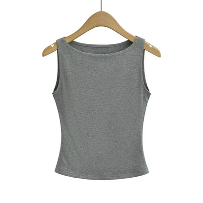 Women Double Layer Boat Neck Soft Slinky Tank Top