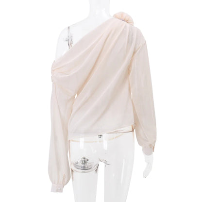 WhereMery Sexy Irregular Oblique-neck Flower Applique T Shirt Summer Off Shoulder Fashion Long Sleeve Crop Tops Street Mesh Tees