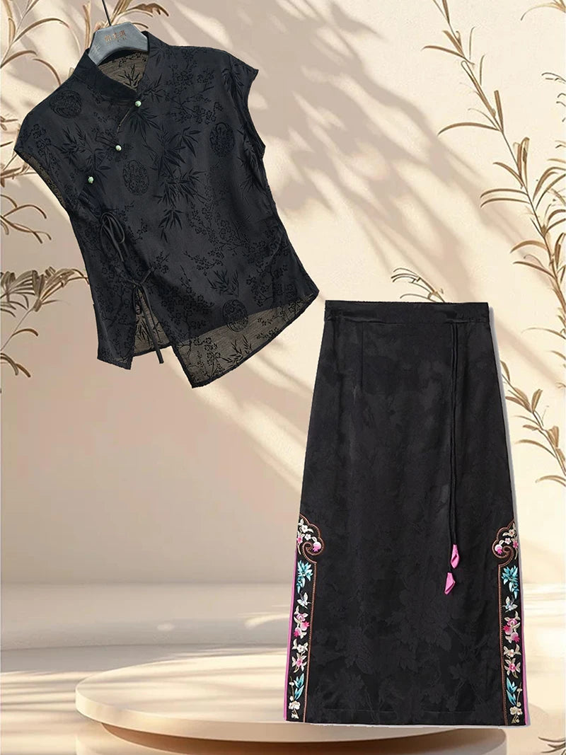 Retro Thin Shirt New Chinese Style Cheongsam Top Black Jacquard Short Sleeve T-shirt Summer Mature Fashion Women's Clothing