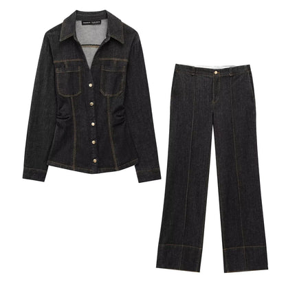 Women Two Pieces Set Denim Pant Sets Single Breasted Long Sleeve Belt Coat Wide Leg Trousers Jeans Female 2 Pieces Outfits